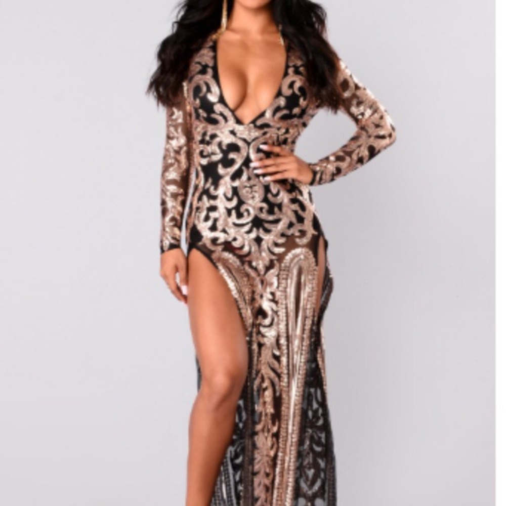 Bodycon Black and Gold Double Slit Dress